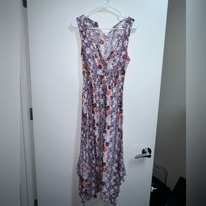 Jessica Simpson Floral Blue Pink Asymmetric Dress Ruched Waist Sleeveless Size M